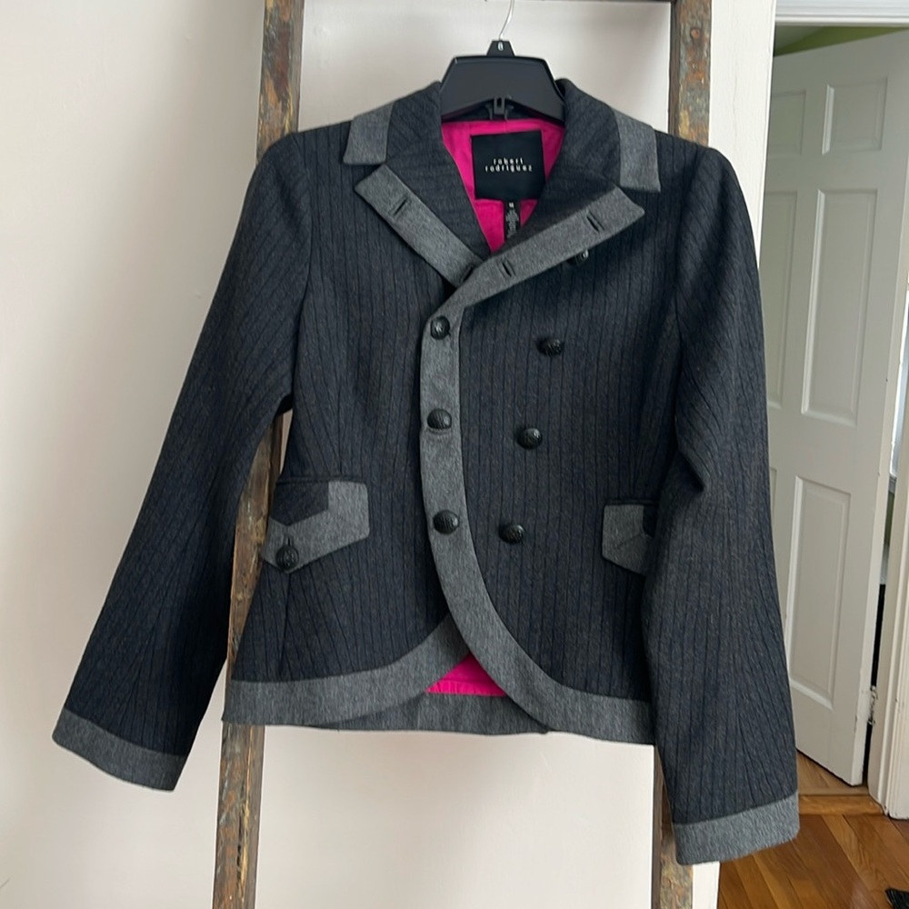 Robert Rodriguez Wool blend jacket. Grey stripes with hot pink lining.
